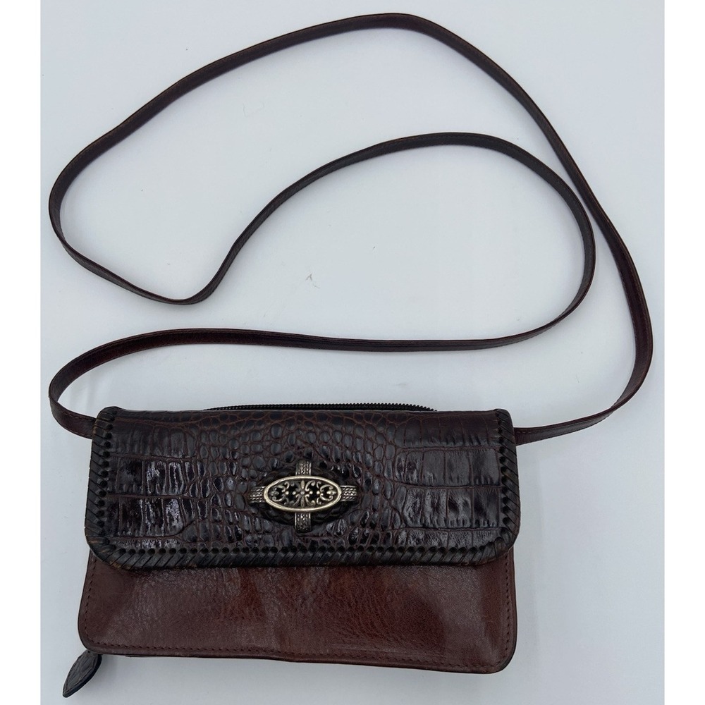 BRIGHTON Vintage Crossbody Purse Wallet Black Brown Leather Strap Travel Clutch